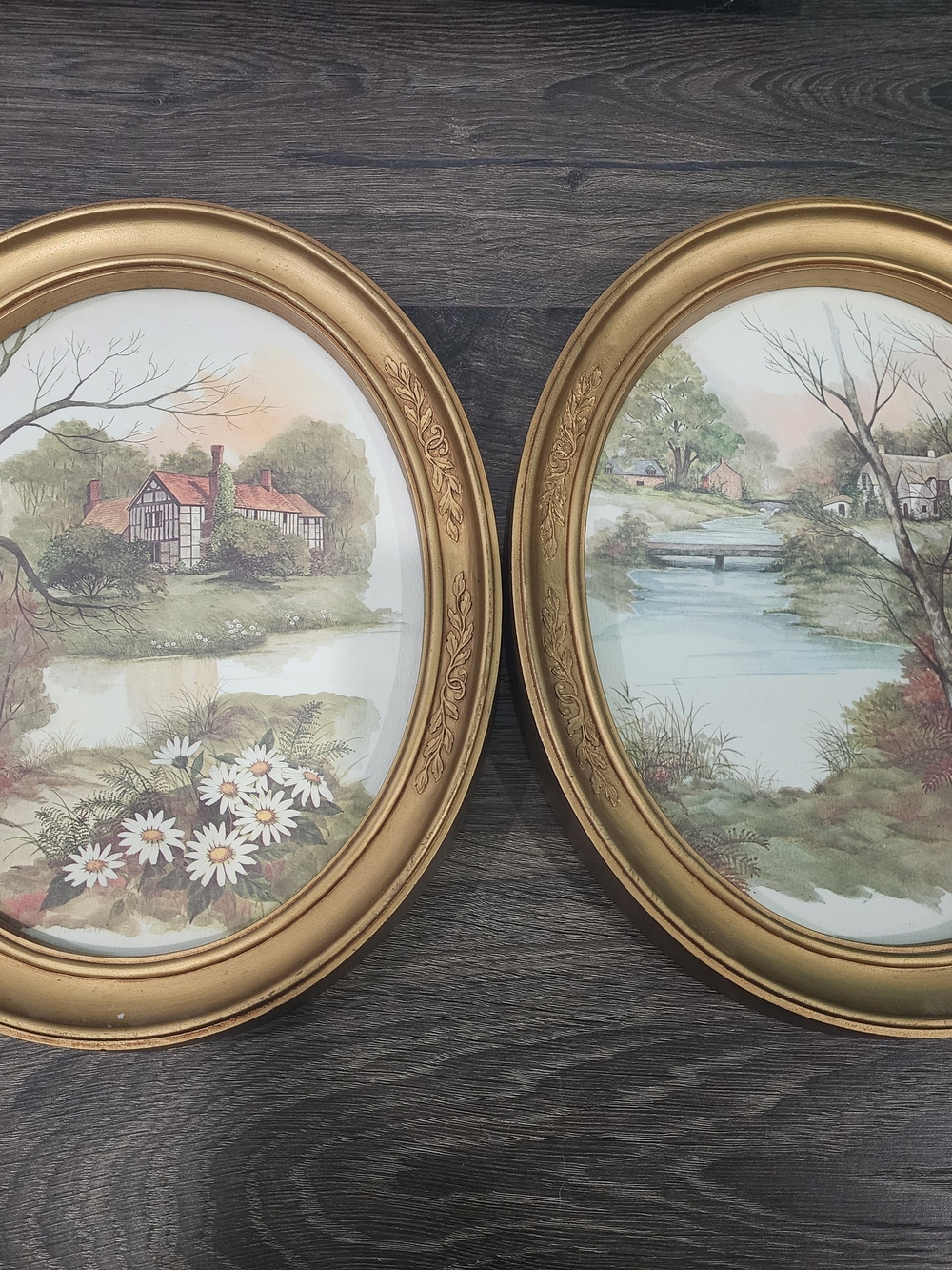 Gold Oval Framed Floral & Landscape Wall Art Pair